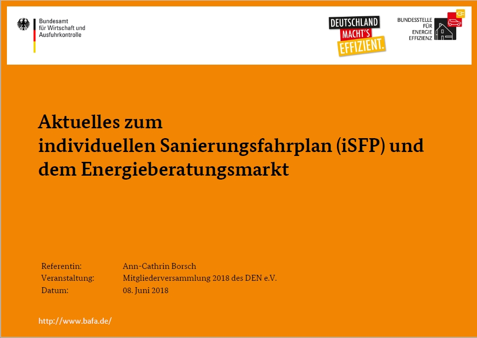 Vortrag "Aktuelles zum individuellen Sanierungsfahrplan (iSFP) und dem Energieberatungsmarkt"