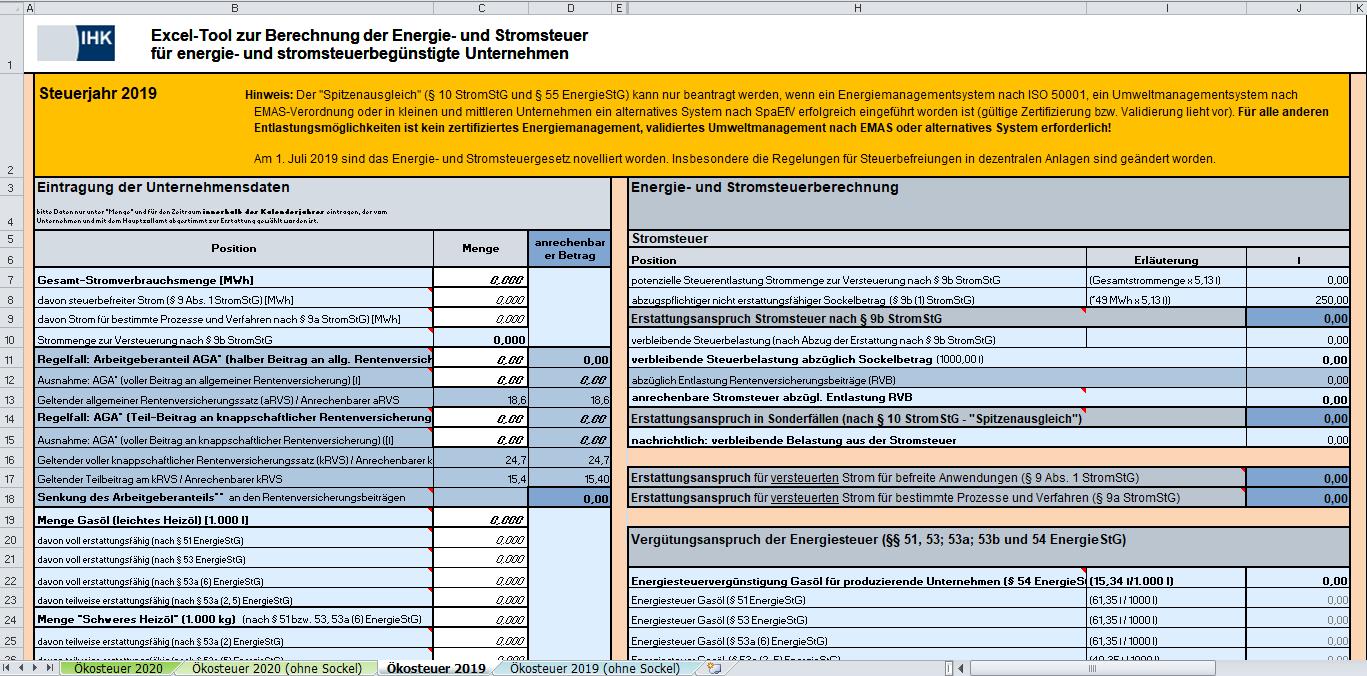 Excel-Tool zur Berechnung der Energie- und Stromsteuer